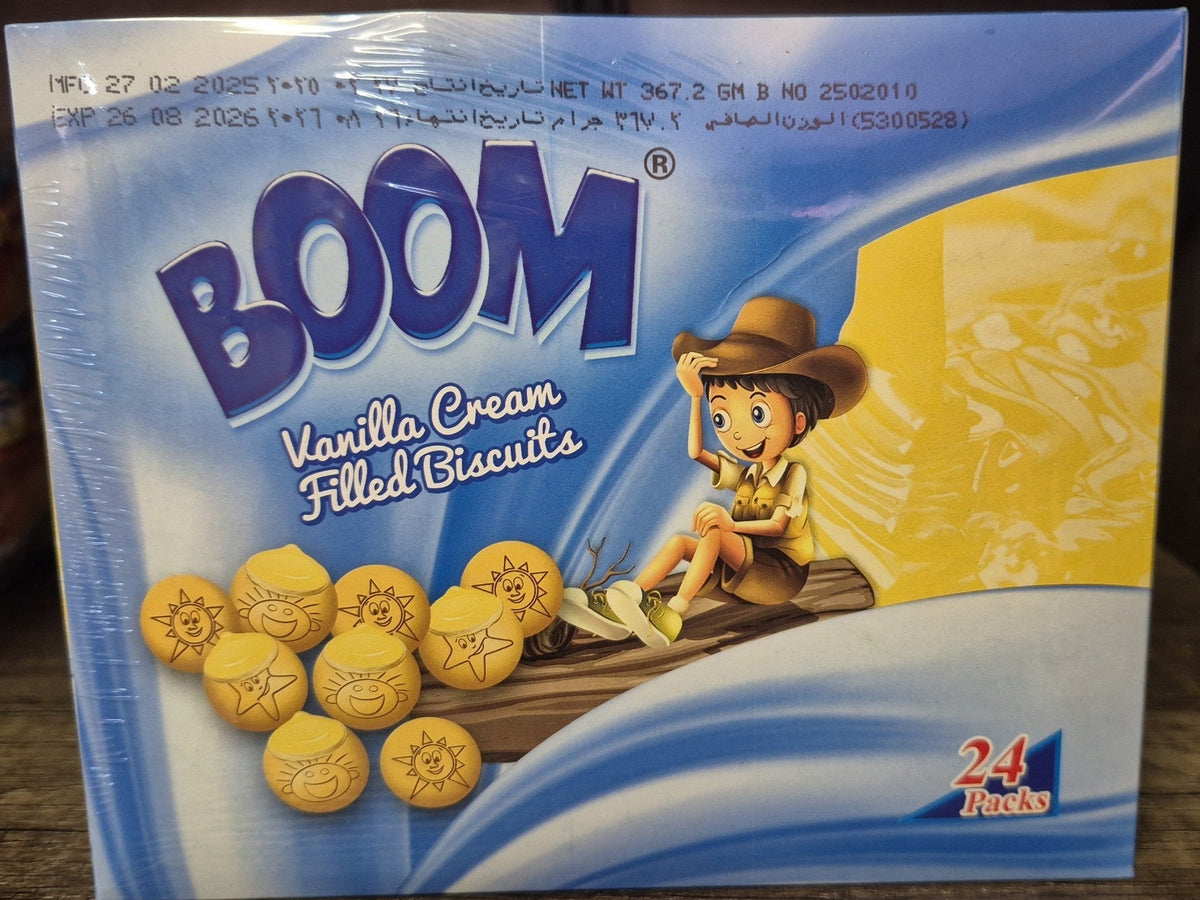 SY DISCOUNT WAREHOUSE Boom vanilla cream filled biscuits box containing 24 snack packs with cartoon character design