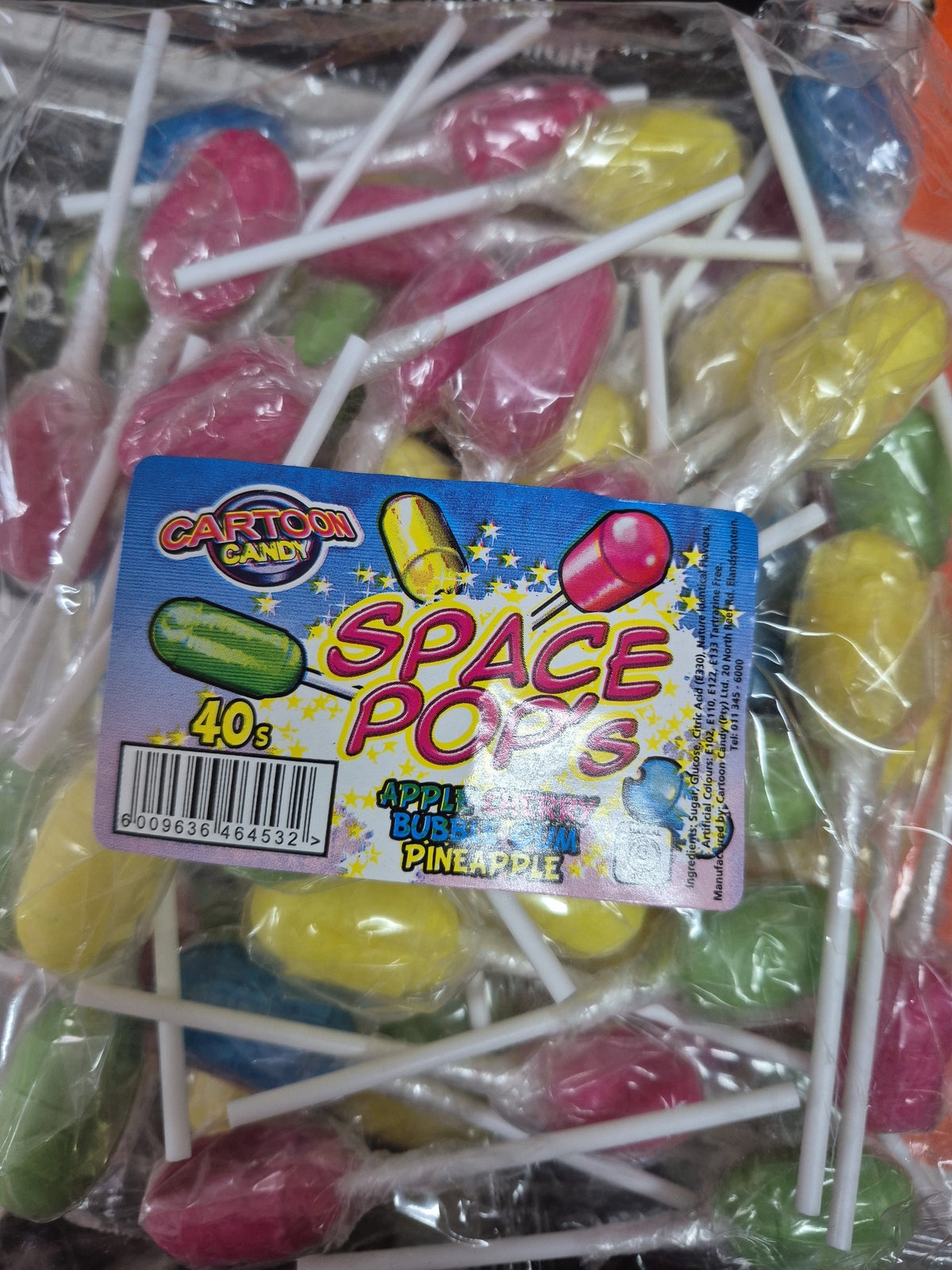 A bulk pack of Cartom Candy Space Pops lollipops in assorted colors, with a blue and pink label showing flavors like bubble gum, strawberry, and pineapple.