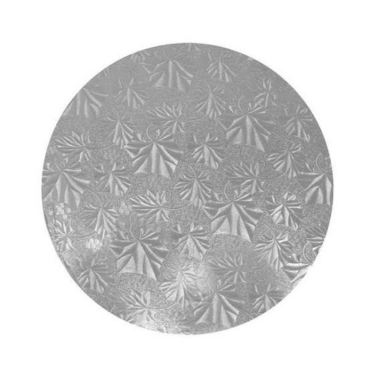 Silver Masonite Round Cake Boards featuring an embossed leaf pattern for elegant cake presentation.