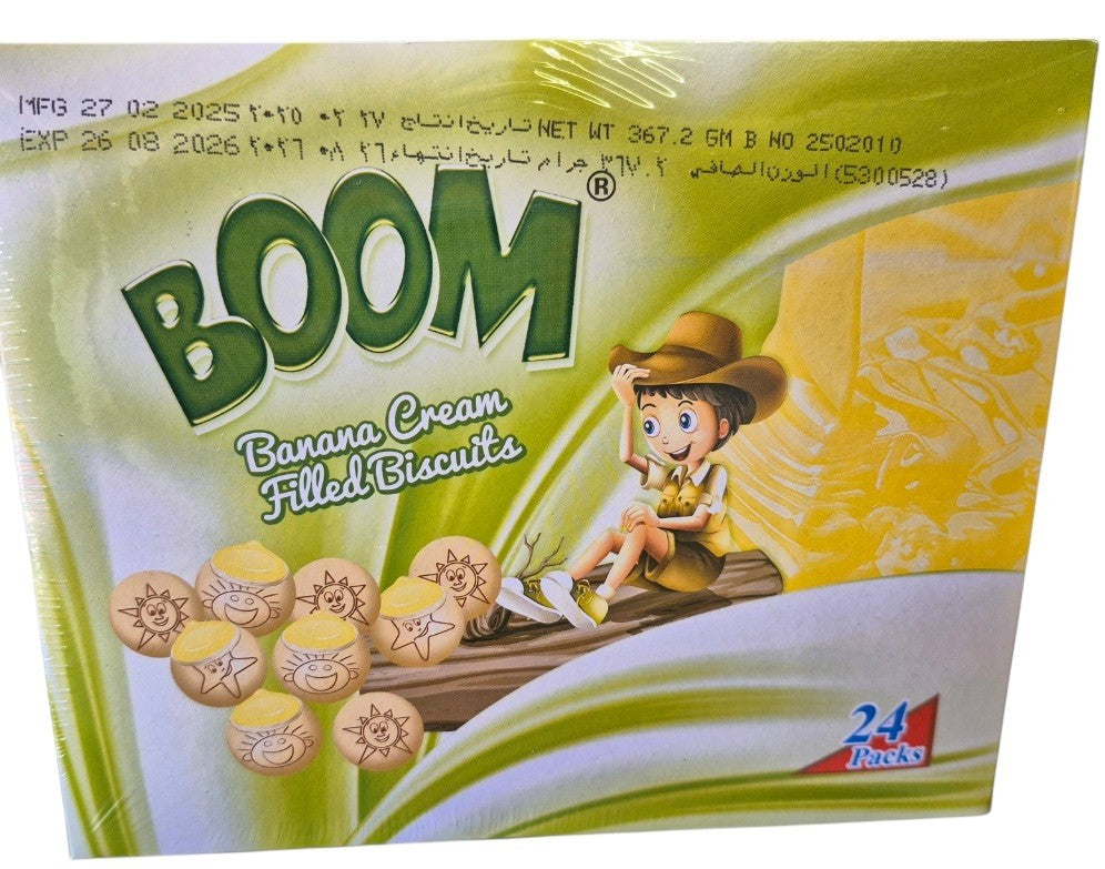 SY DISCOUNT WAREHOUSE Boom Biscuits box containing 24 mini banana cream filled snack packs with cartoon character
