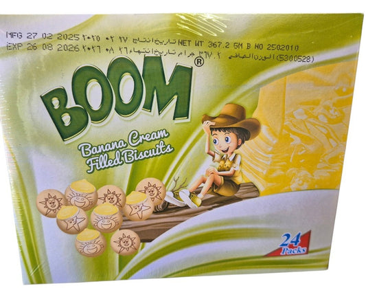 SY DISCOUNT WAREHOUSE Boom Biscuits box containing 24 mini banana cream filled snack packs with cartoon character