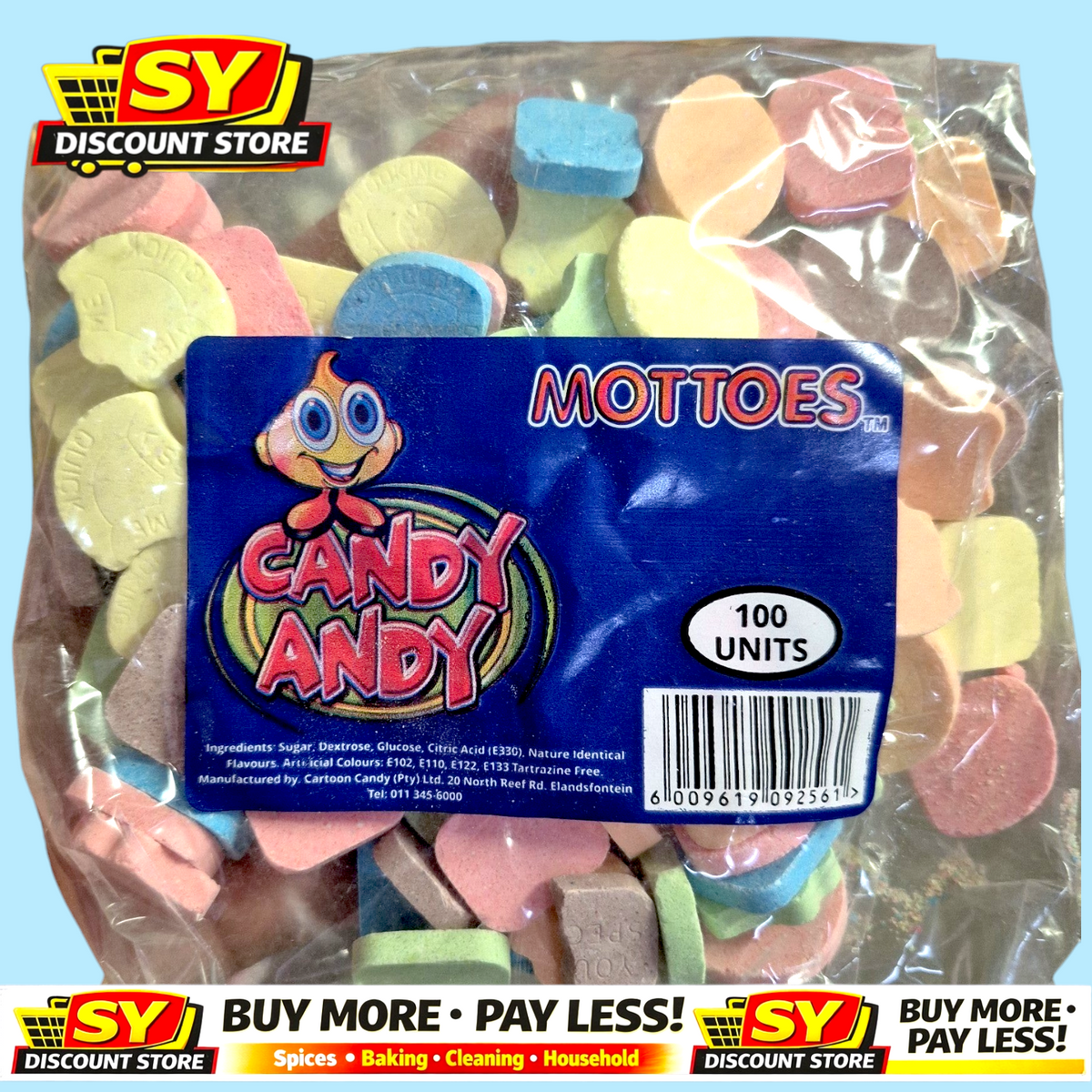 SY DISCOUNT WAREHOUSE Candy Andy Mottoes pressed tablet sweets in a clear 100-unit pack with assorted pastel colors.