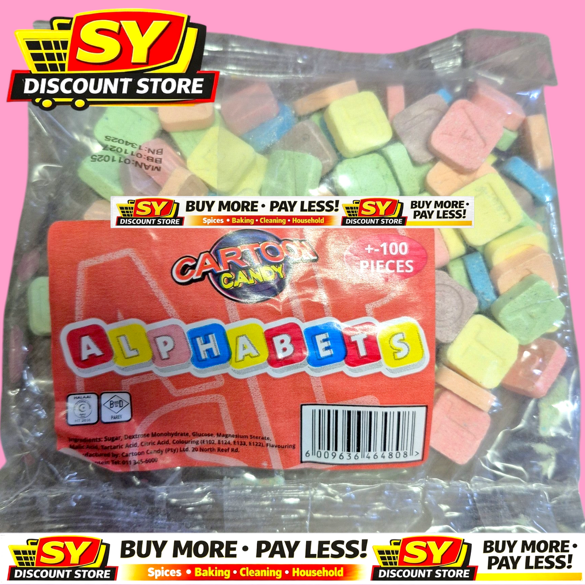 SY DISCOUNT WAREHOUSE Cartoon Candy Alphabets pack of 100 colourful pressed fruit tablet sweets in a clear bag