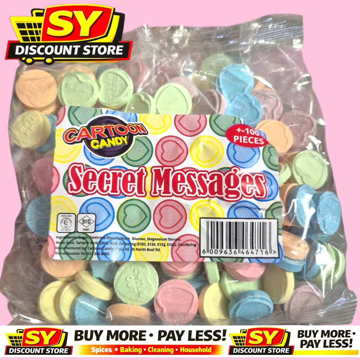 SY DISCOUNT WAREHOUSE Cartoon Candy Secret Messages pack of 100 colourful pressed tablet sweets in a clear bag