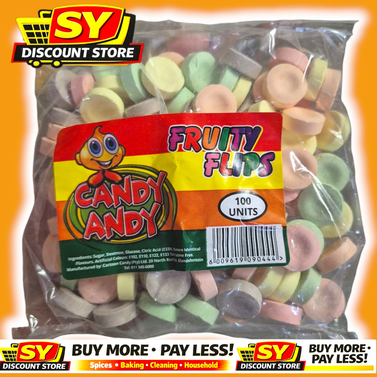 SY DISCOUNT WAREHOUSE Candy Andy Fruity Flips pressed tablet candies in a 100-count clear plastic bag